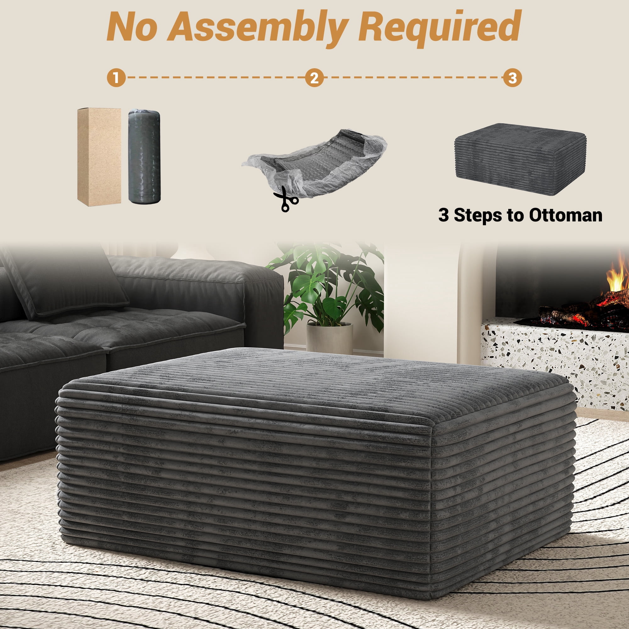 Large Oversized Corduroy Ottoman Footrest for Sofa Large Rectangle Floor Bench Extra Seating Coffee Table for Living Room, No Assembly (Gray)
