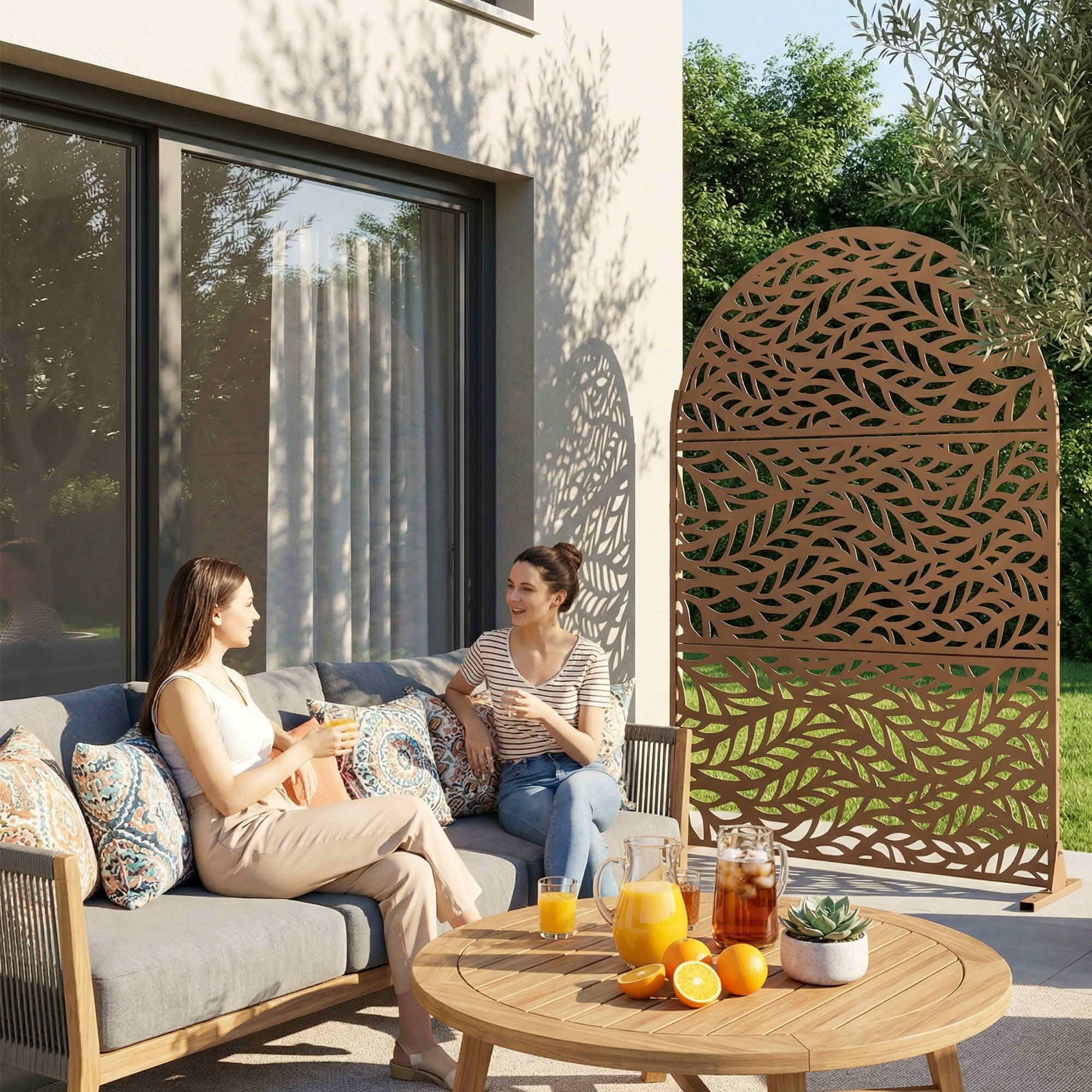 MAYEERTY Brown Arched Galvanized Metal Privacy Screen, Outdoor Garden Patio, 72×47×16in, 3 Panels