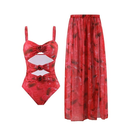 ZQGJB Women s One Piece Swimsuit with Beach Cover up Wrap Skirt Sarong Retro Floral Print Bikini Set Two Piece Bathing Suit(Red L)