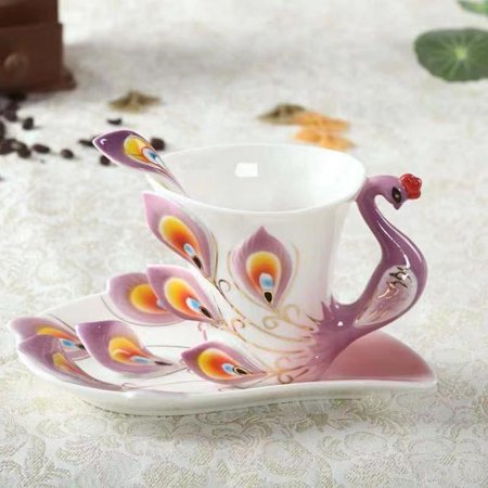 

European Style Ceramic Coffee Cup Bone China 3D Enamel Color Porcelain Tea with Saucer and Spoon Set Drinkware