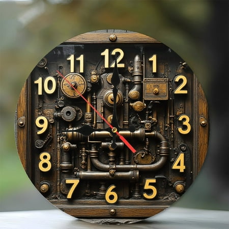 Steampunk Wall Clock Vintage Bronze Metal Gear Clock 10-Inch Silent Wooden Wall Clock, Battery Operated (AA Batteries Not Included), Artistic Home Decor