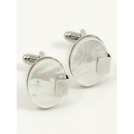 Bey-Berk Rhodium Plated Round Mother of Pearl Cufflinks