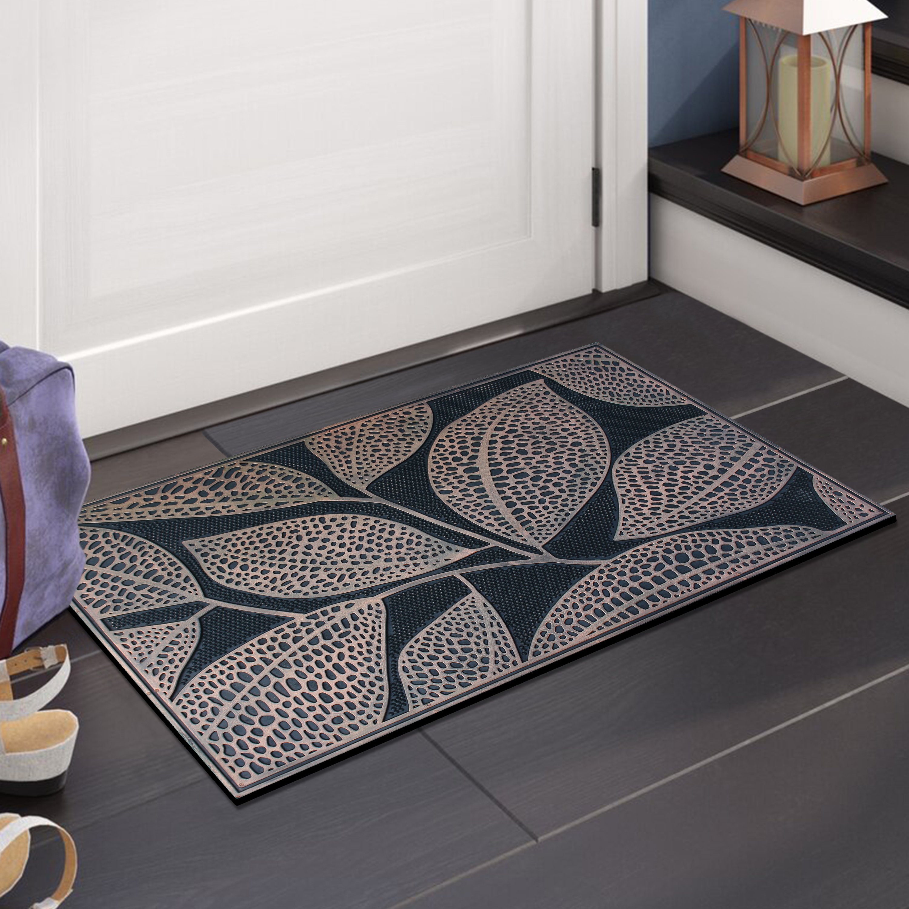 A1HC 18"x30" Rubber Pin Doormat with Copper Finish and Leaf Design for Entryway, Indoor & Outdoor, Non-Slip, Heavy Duty