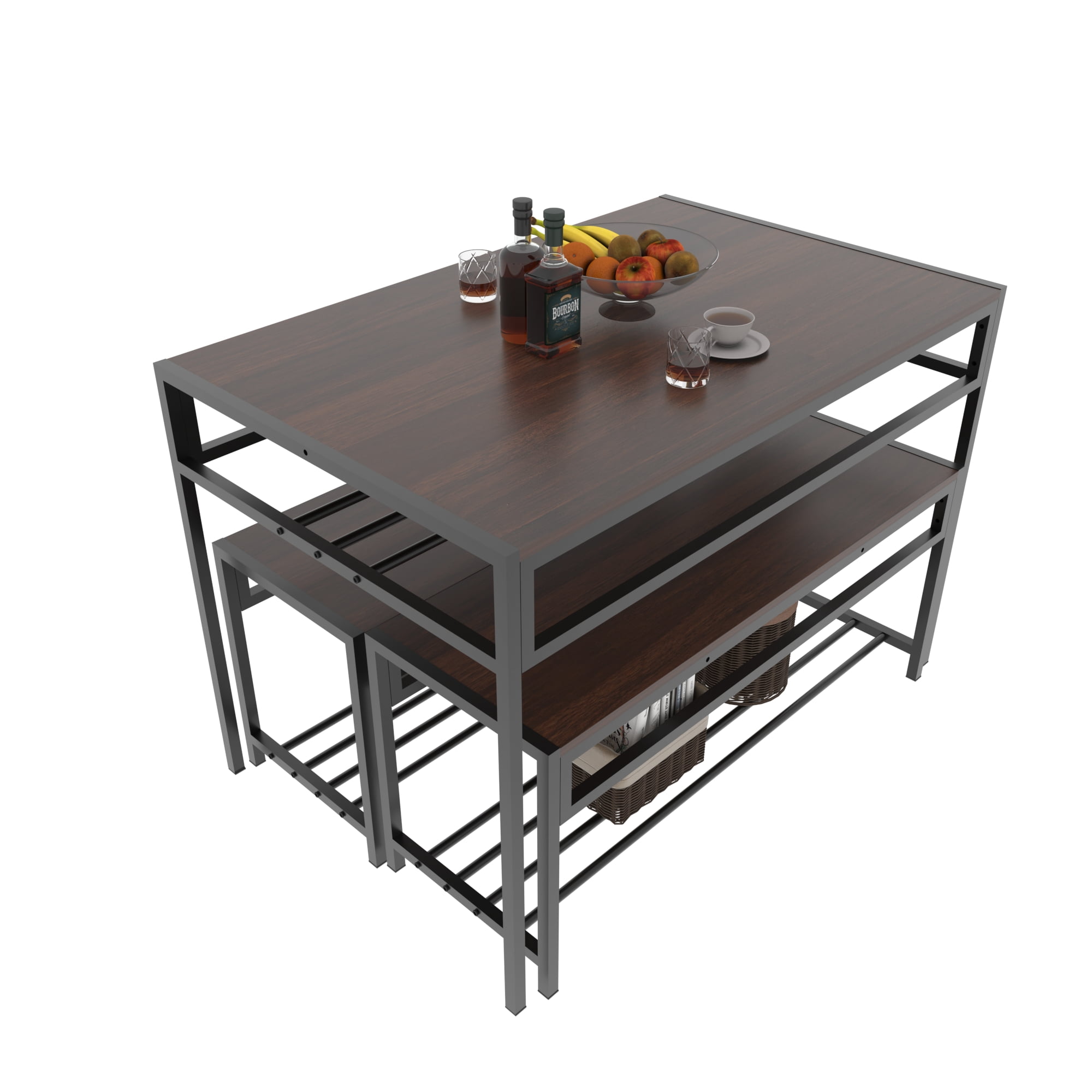 GARITIN 3 Piece Dining Table Set with 2 Benches, Rectangular Kitchen Table with Built in Wine Storage Rack for Small Apartment, Walnut Brown