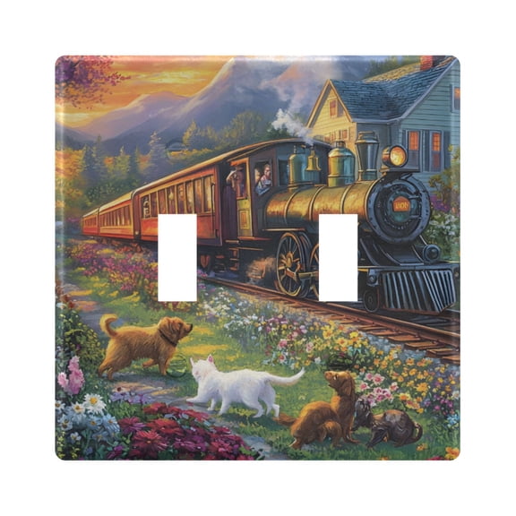 Haosy Light Switch Cover Plate 2 Gang Electrical Outlet Covers Train Dog Flower Decorate Wall Plate 4.56”x4.48”