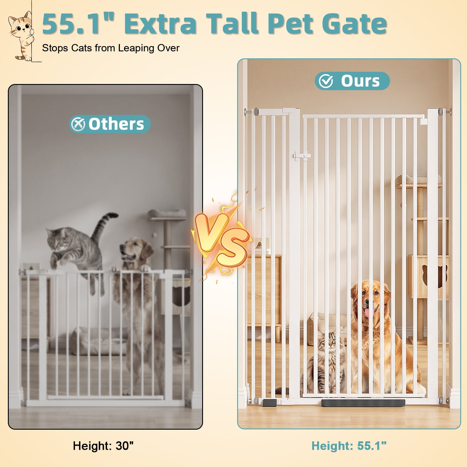 55" Extra Tall Pet Gate for Cat/Dog, 32.68"-38.19" Wide, 1.18" Ultra Narrow Spacing Dog Gate, No Drilling Pressure Mounted Cat Fence Safety Gate for Stairs, Doorways, Hallways,