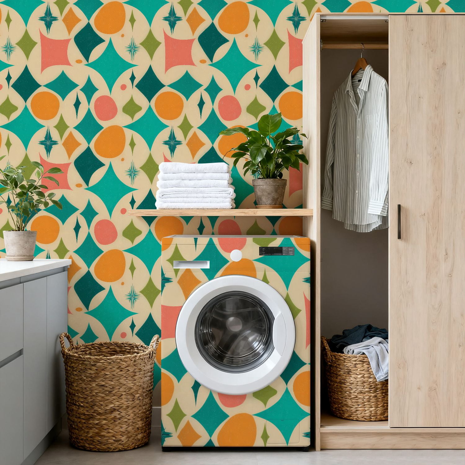 Peel and Stick Wallpaper Mid Century Modern retro stars Wall Mural 17.7in x 9.8ft Self Adhesive Removable Wall Paper Renter Friendly Wallpaper for Bedroom Nursery