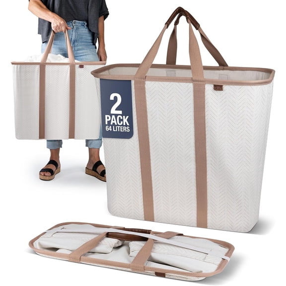 CleverMade Collapsible Fabric Laundry Hamper Premium, Cream Herringbone, 2 Pack