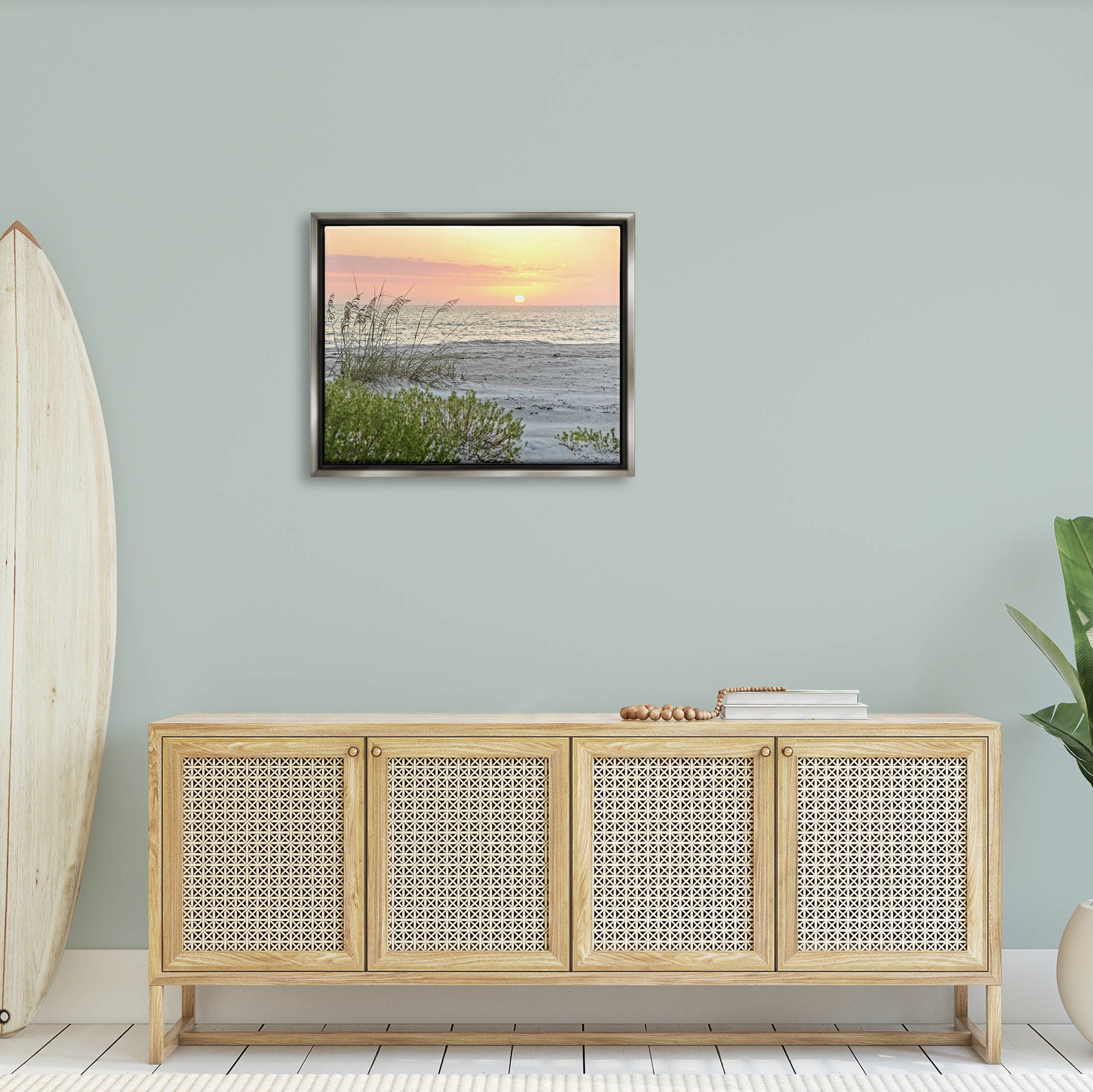 Stupell Industries Ocean Shore Reeds Sunset Horizon Photograph Luster Gray Floating Framed Canvas Print Wall Art, Design by Mary Lou Photography