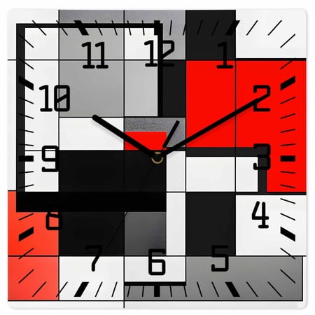 Black Red Geometric Wooden Wall Clock Silent Non Ticking, Red White Abstract Art Modern Square Wall Clocks Battery Operated, Decor Clock for Home Office, Living Room, Kitchen, 10 Inch