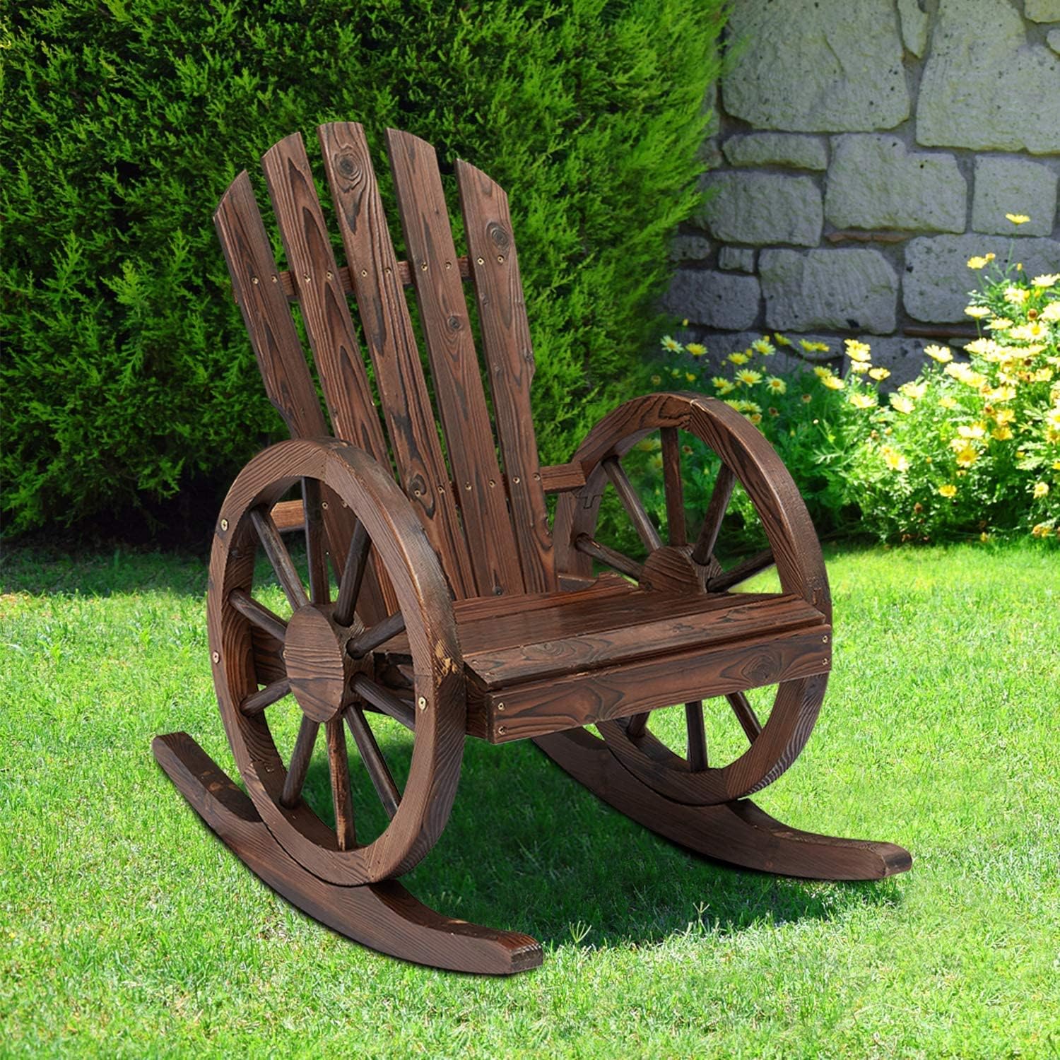 Kinbor Wagon Wheel Wood Rocking Chair Outdoor Furniture Patio Chairs Armrest Rocker - image 3 of 7