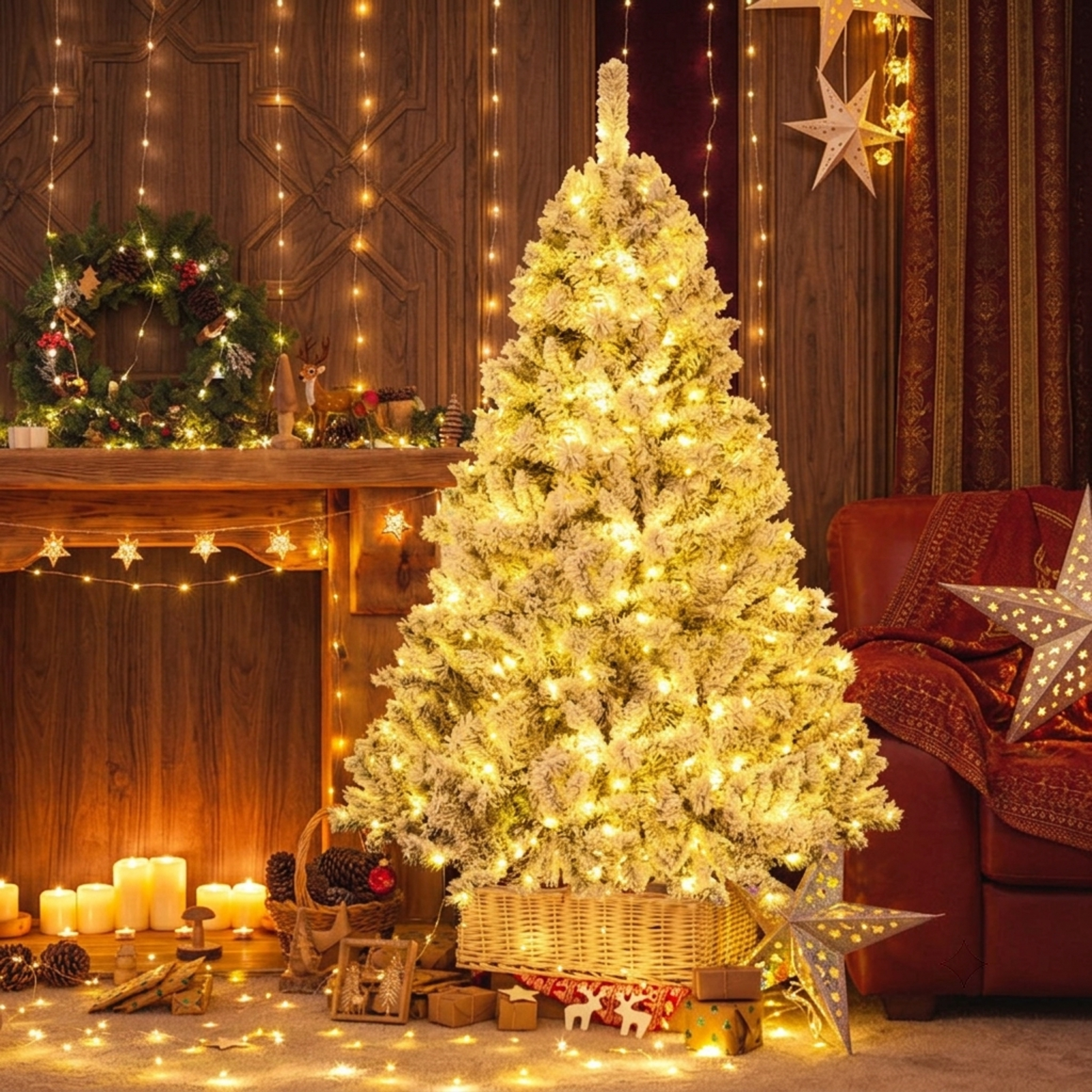 RUIE 6 ft Flocked Artificial Christmas Tree, Pre-Lit Green White Xmas Tree with 300 LED Lights, 644 Branch Tips, 3-Minute Shape
