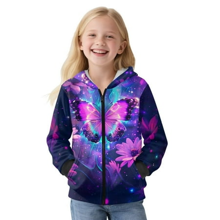POLERO Full Zip Up Cropped Hoodies for Girls Purple Butterfly Flower Galaxy Print Teen Cozy Long Sleeve Full-Zip Sweatshirts Jackets with Pockets Size M