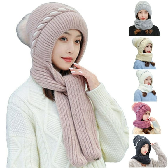 UTSJKR Integrated Ear Protection Windproof Cap Scarf, Winter Warm Cable Knitted Pompom Hat Thicken Ear Hooded Scarf for Women Beige