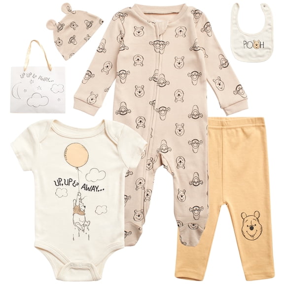 Disney Newborn Baby Layette Set - 6 Piece Disney Bodysuit Coveralls Sweatpants, Hat, Gift Bag (0-6M)