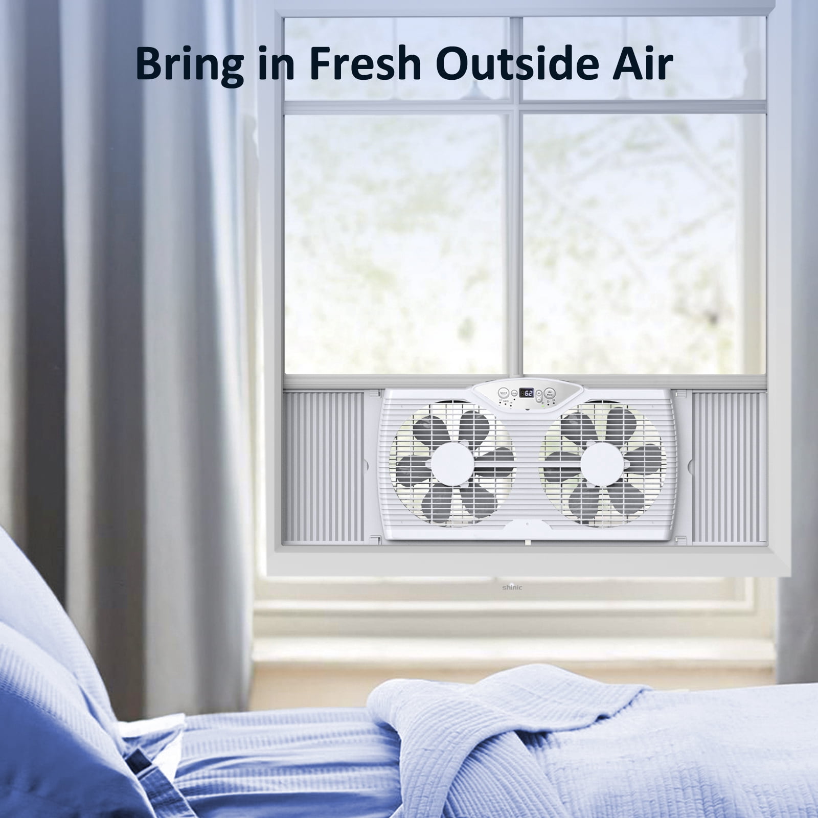 Shinic 9" Twin Window Fan with Thermostat, Reversible Airflow, 3 Speeds, Expandable Width 23.8"-37", ETL Listed