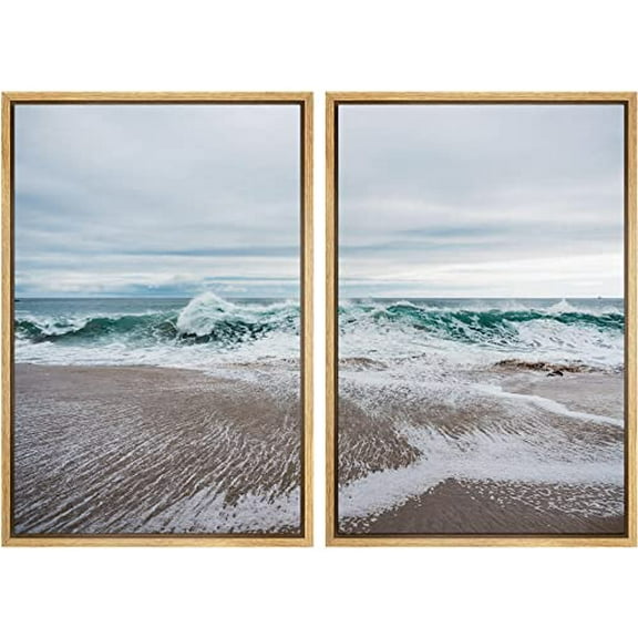 IDEA4WALL Framed Canvas Print Wall Art Set Sea Wave Coastal Beach Landscape Art Abstract Geometric Seaside Scenery Modern Art Wall Decor Minimal Rustic Artwork for Home Decor -