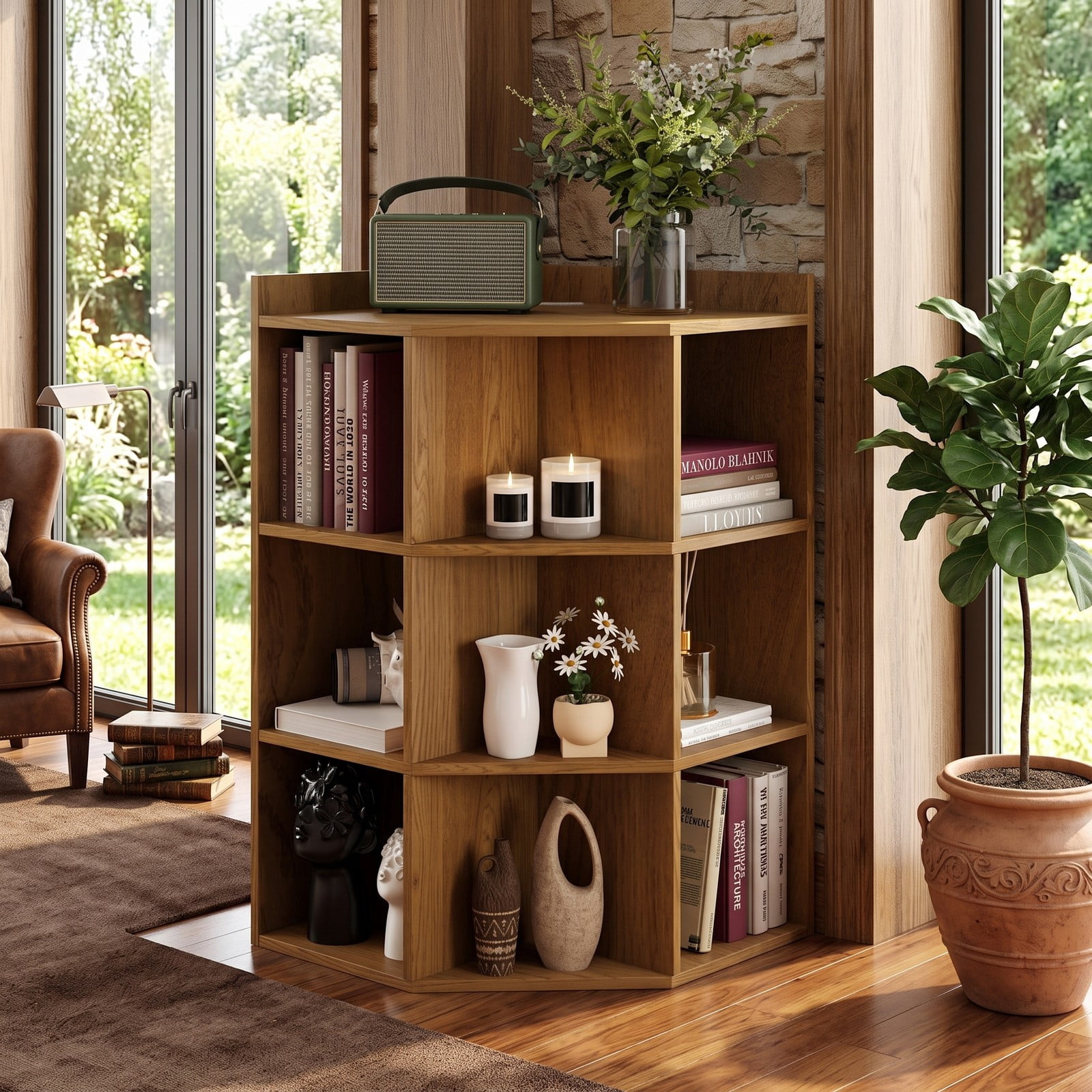 Furnibear 3-Tier Corner Cabinet with Charging Station, Corner Bookshelf Storage Organizer with 4 Outlets USB & Type-C Ports, 9-Cube Open Display Shelf for, Natural