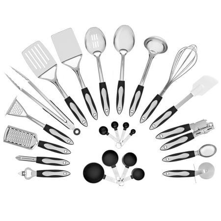 Stainless Steel Serving Utensils (Best Choice Products Set of 23 Stainless Steel Kitchen Cookware Utensils Set w/ Spatulas, Measuring Cups/Spoons, Serving Spoons, Ladle, Whisk, Bottle/Can Openers, Grater, Peeler, Masher -)