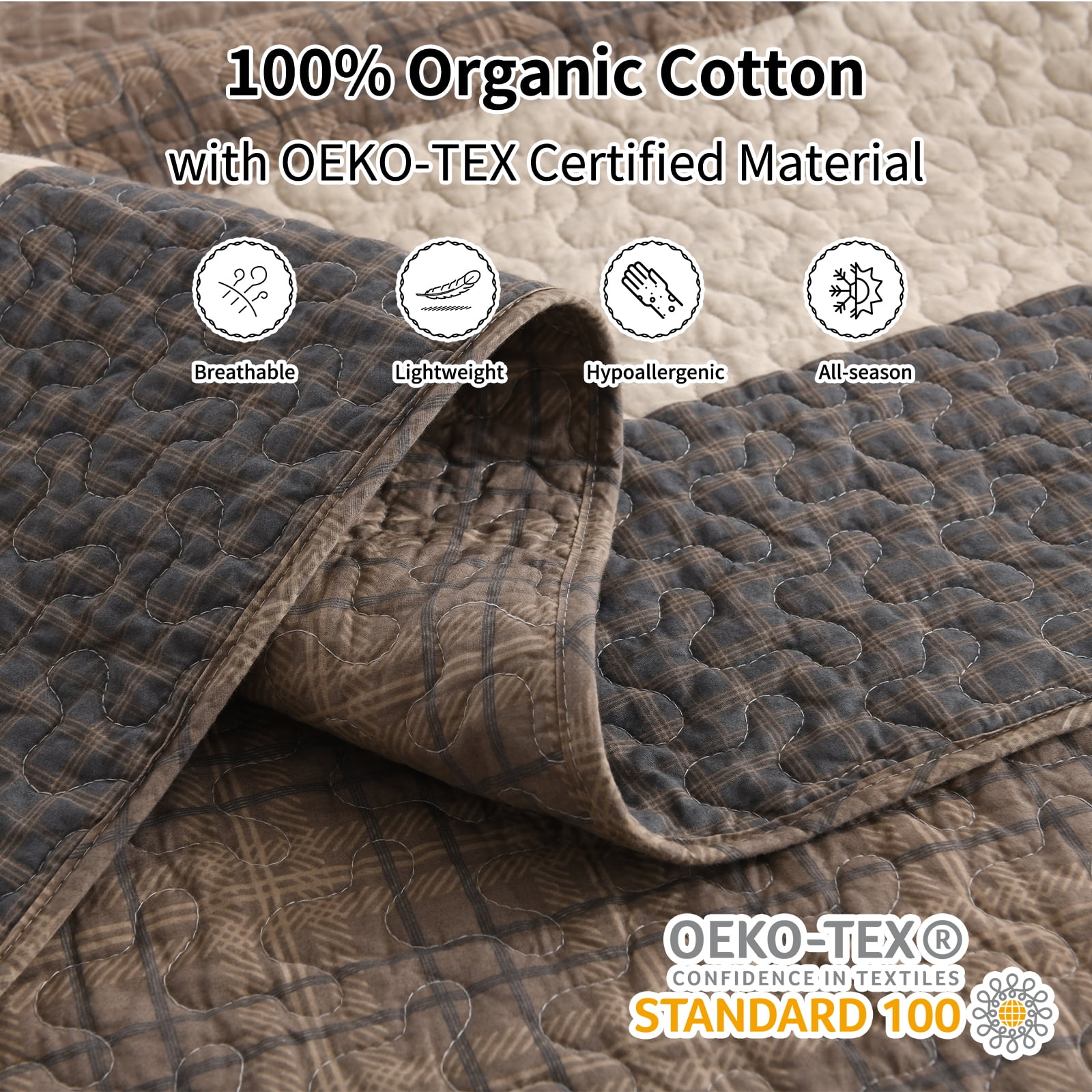 Bedduvit Striped 100% Organic Cotton Quilt - Queen Size Quilt Set, Brown Black Beige Farmhouse Cottage Bedspread for Queen Bed, Lightweight Modern Unisex All-Season 3-Piece Comforter Set, 98"x90"