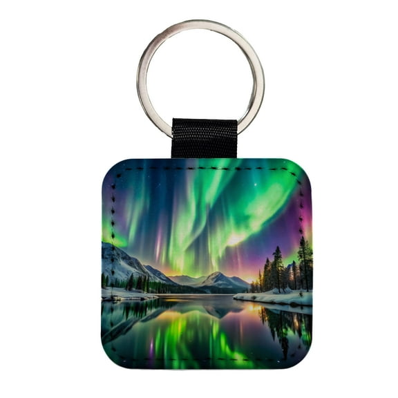 Northern Lights Over Lake Faux Leather Square Keychain