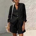 thumbnail image 6 of LEKWK Linen Sets for Women 2 Piece Long Sleeve V Neck Button Down Tops and High Waisted Shorts with Pockets Summer Solid Casual Travel Vacation Sets, 6 of 7