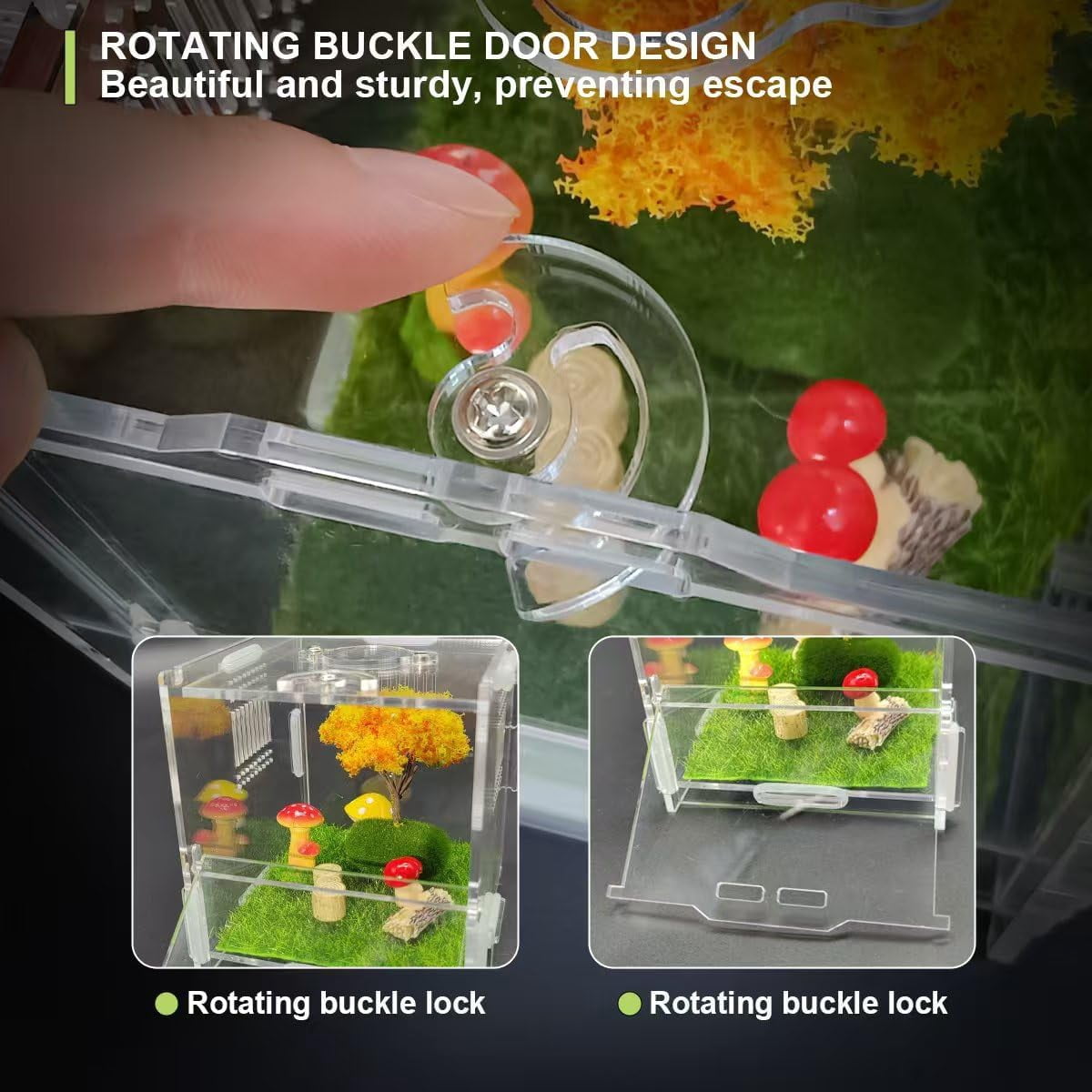 Jumping Spider Enclosure, 4" X 4" X 4" Acrylic Spider Habitat, Front Opening Small Reptile Terrarium with Matrix Ventilation Holes & Feeding Holes, for Jumping Spider Snail Insect