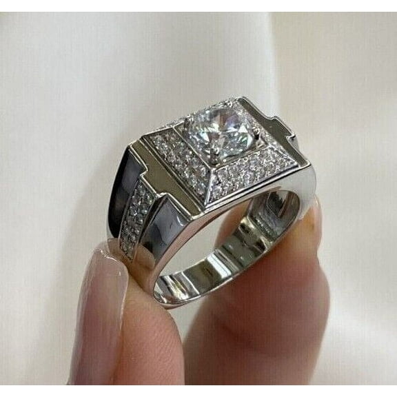 Forever Jewels 2.20Ct Round Cut Moissanite Men Halo Engagement Ring 14K White Gold Plated