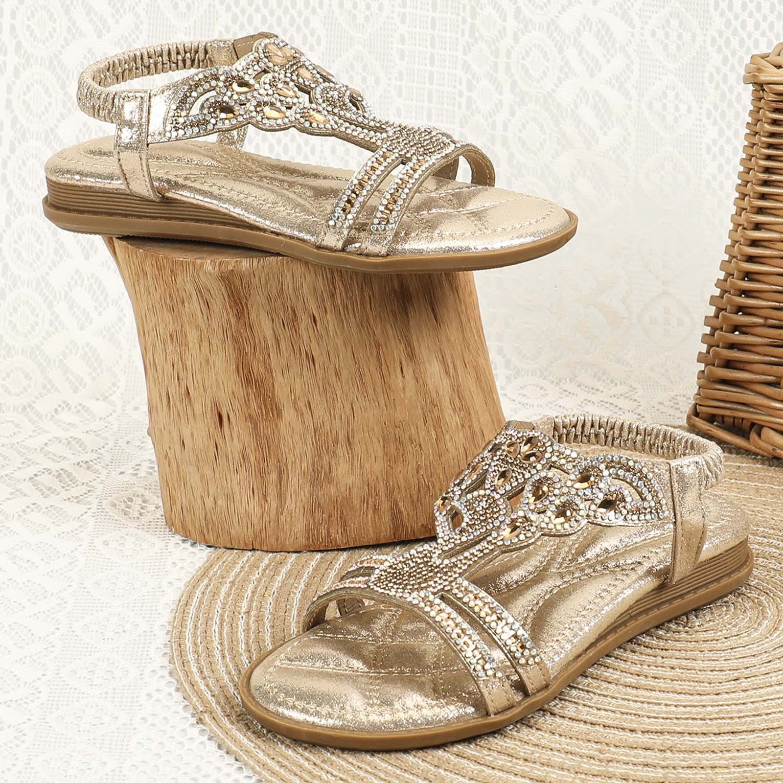 Celivon Kids Girl Sandals Rhinestone Slingback Sandals Sandals Elastic Ankle Strap Casual Bohemian Beach Shoes For Tween