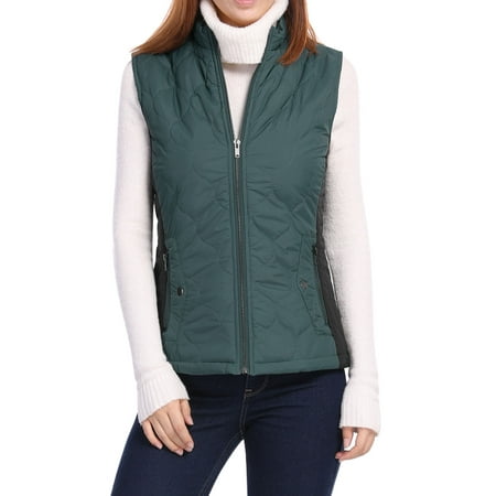 Women's Zip Closure Stand Collar Mock Pockets Quilted Vest Turquoise S ...