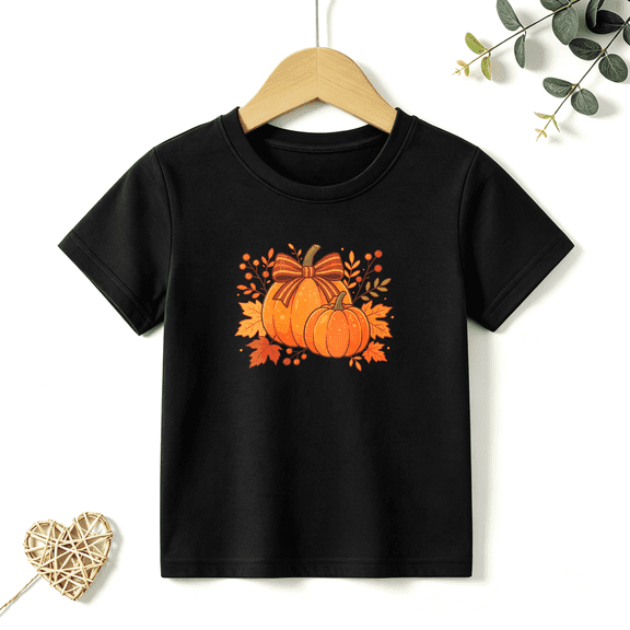 Girls Graphic Tees Pumpkin Bow Fall Leaves Kids T Shirt Thanksgiving 100% Cotton Short Sleeve Soft Tops 4-13Y