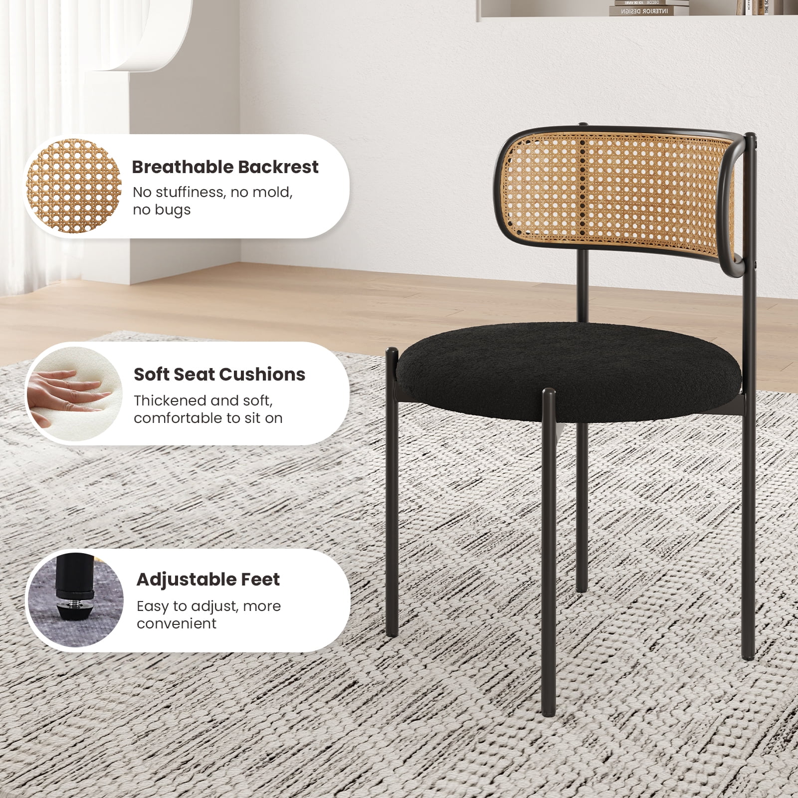 Farini Upholstered Dining Chair Set of 2, Rattan Backrest Kitchen Chair, Black