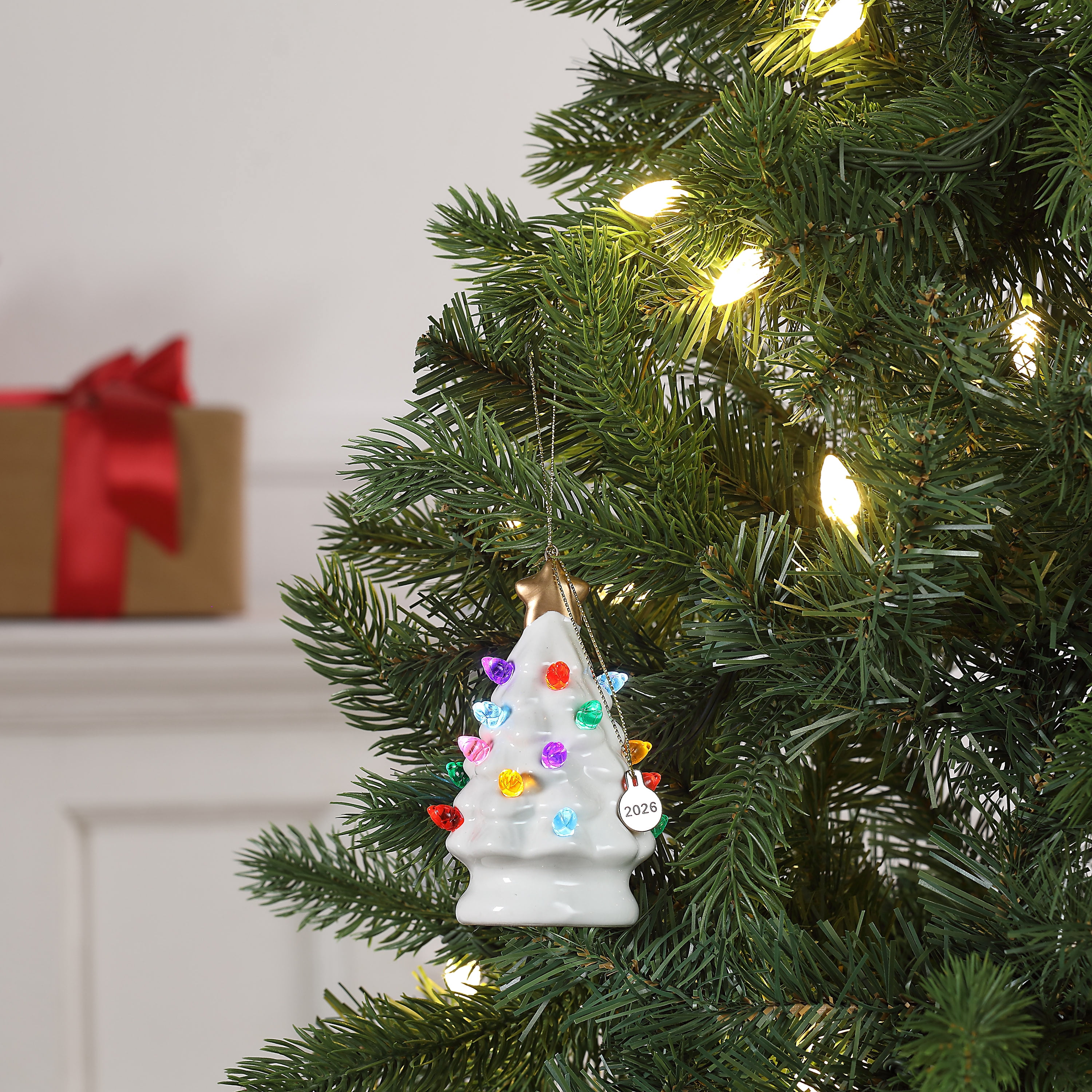 Mr. Christmas 4" Nostalgic Ceramic Lit Tree Ornament Decoration, White with Red & Green Bulbs