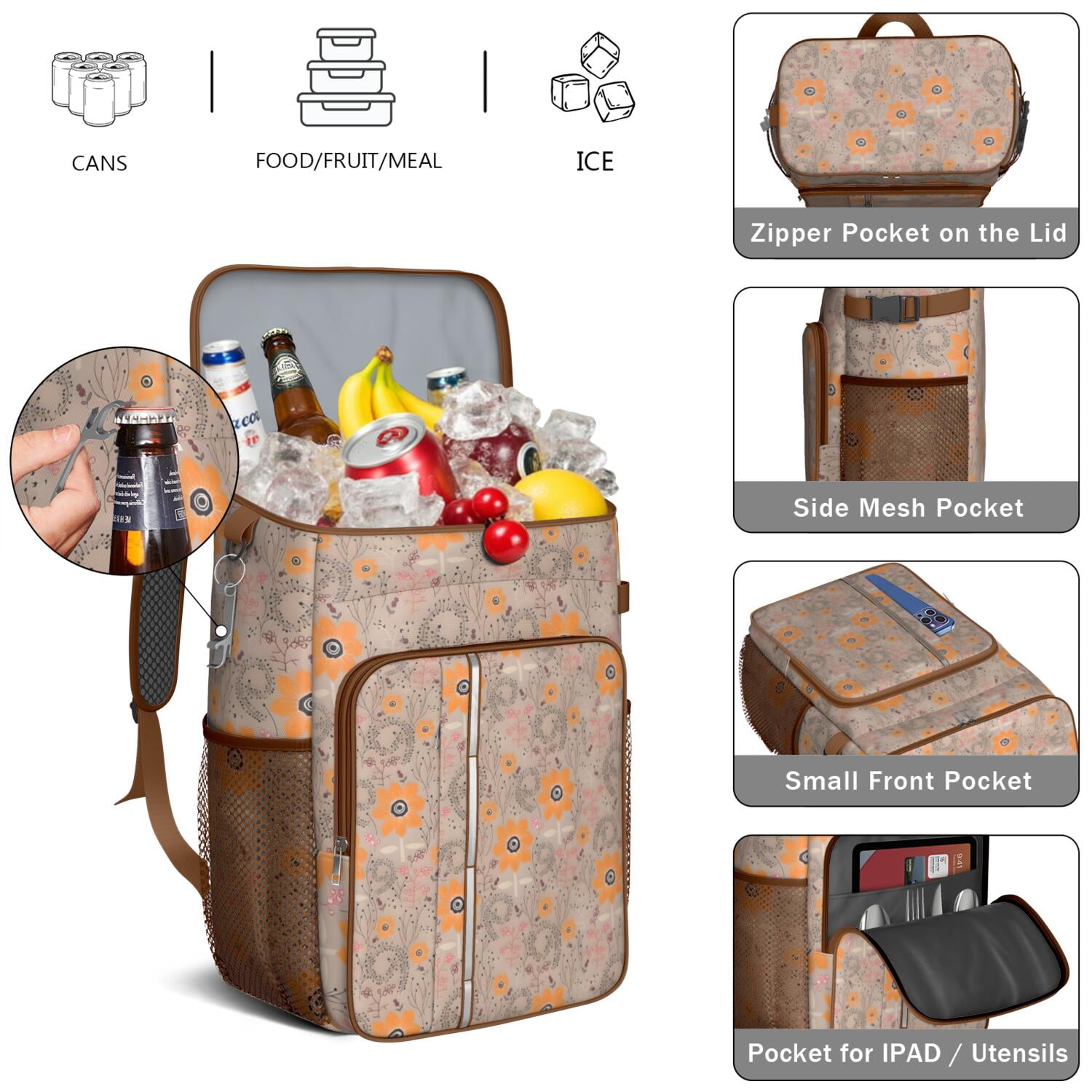 Travel Cooler Bag - Pioneer Flower Floral Print Pattern Camping Beer Cooler Backpack with Bottle Opener- Waterproof Insulated Picnic Backpacks - Cooler Bag for Beach