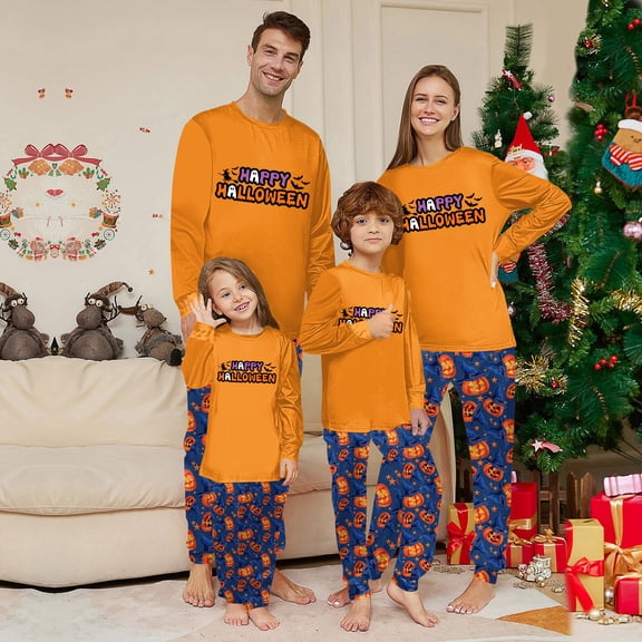 Onlypjs Happy Halloween Family Matching Pajamas Set Orange Blue Pumpkin Witch Hat Sleepwear Loungewear Sets for Men Women Couples