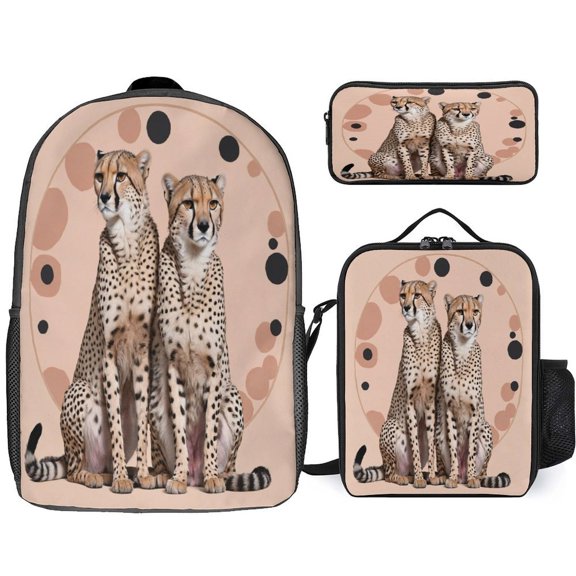 Cheetah Couple Boho 3 Piece Backpack Sets 17 Inch Bookbag, Insulated Lunch Bag & Pencil Case Combo