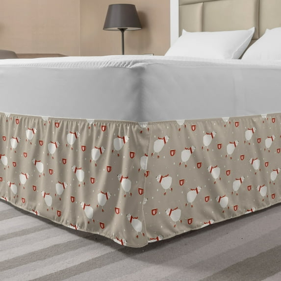 Polar Bear Bed Skirt, Cartoon Ice Skating Bear Scarf Winterland Heart Mug Snowflakes, Elastic Bedskirt Dust Ruffle Wrap Around for Bedding Decor, 4 Sizes, Pale Sepia Vermilion, by Ambesonne