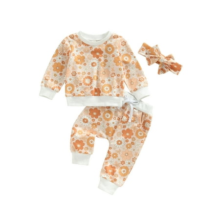 

Bagilaanoe 3Pcs Toddler Baby Girl Long Pants Set Floral Print Long Sleeve Sweatshirt Pullover Tops + Trousers + Headband 6M 12M 18M 24M 3T Kids Fall Casual Sweatsuit