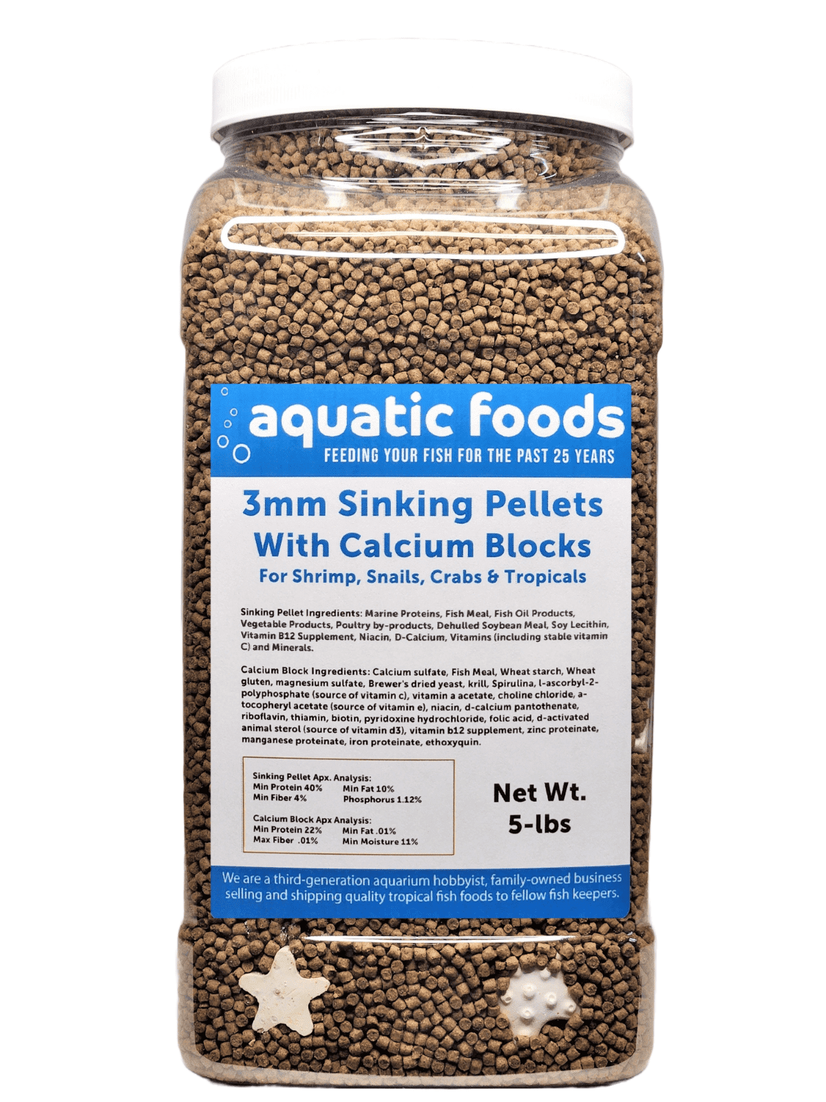 Calcium Blocks included in these 40% Protein 3mm Sinking Pellets for Shrimp, Snails, Crabs, Catfish, Plecos for All Tropical Fish. Pellets by Zeigler…5-lb Lg Jar
