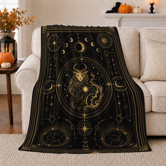Capricorn Sea-Goat Celestial Design Golden, Cozy Friendship Quote Scene, Warm Flannel Blanket for Living Room and Reading Nook, Art Lovers Friendship Gift, Artistic Home Decor