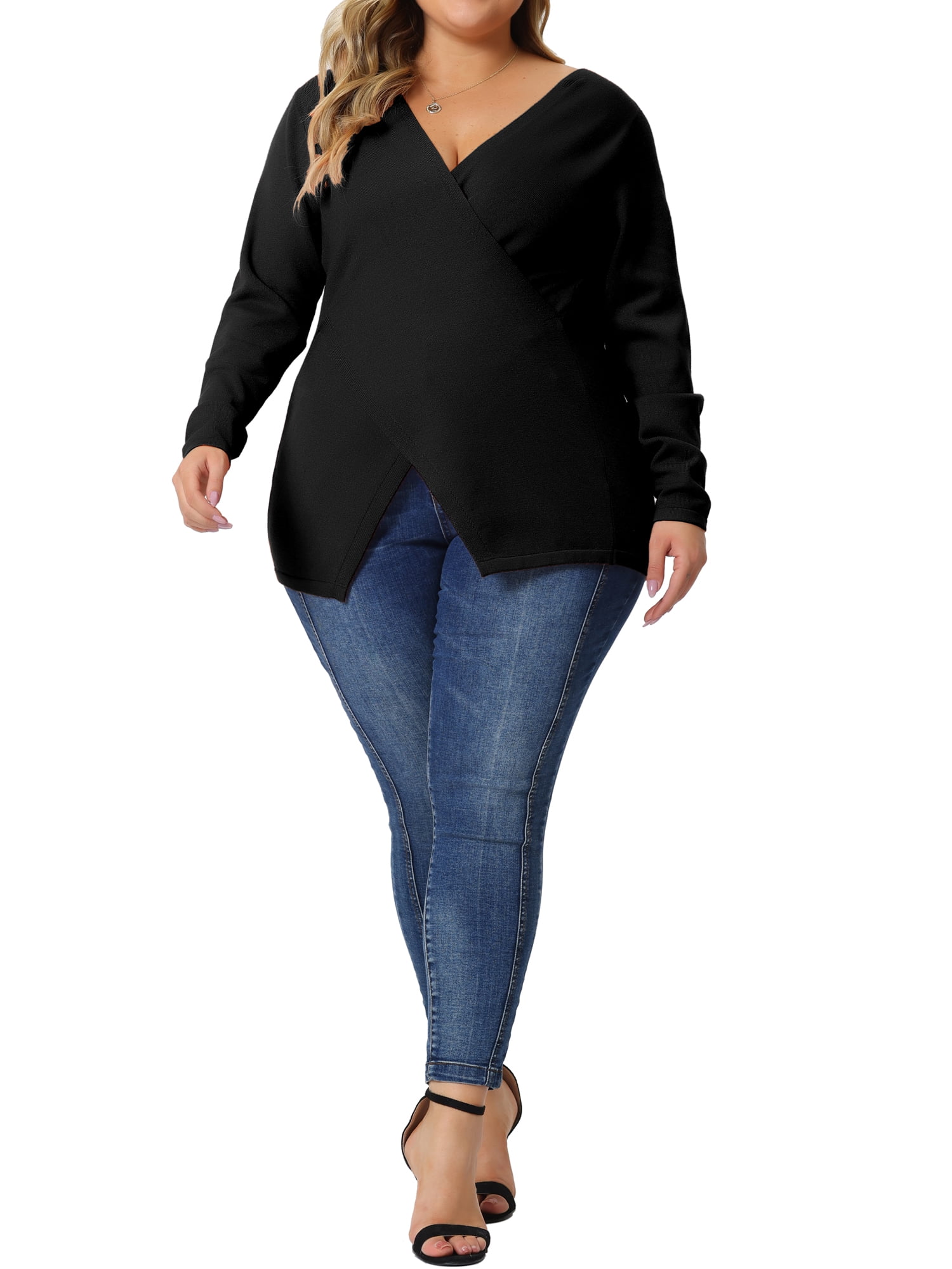 Unique Bargains Women's Plus Size Knitted Deep V Neck Wrap Criss Cross Cable Knit Sweater 4X Black