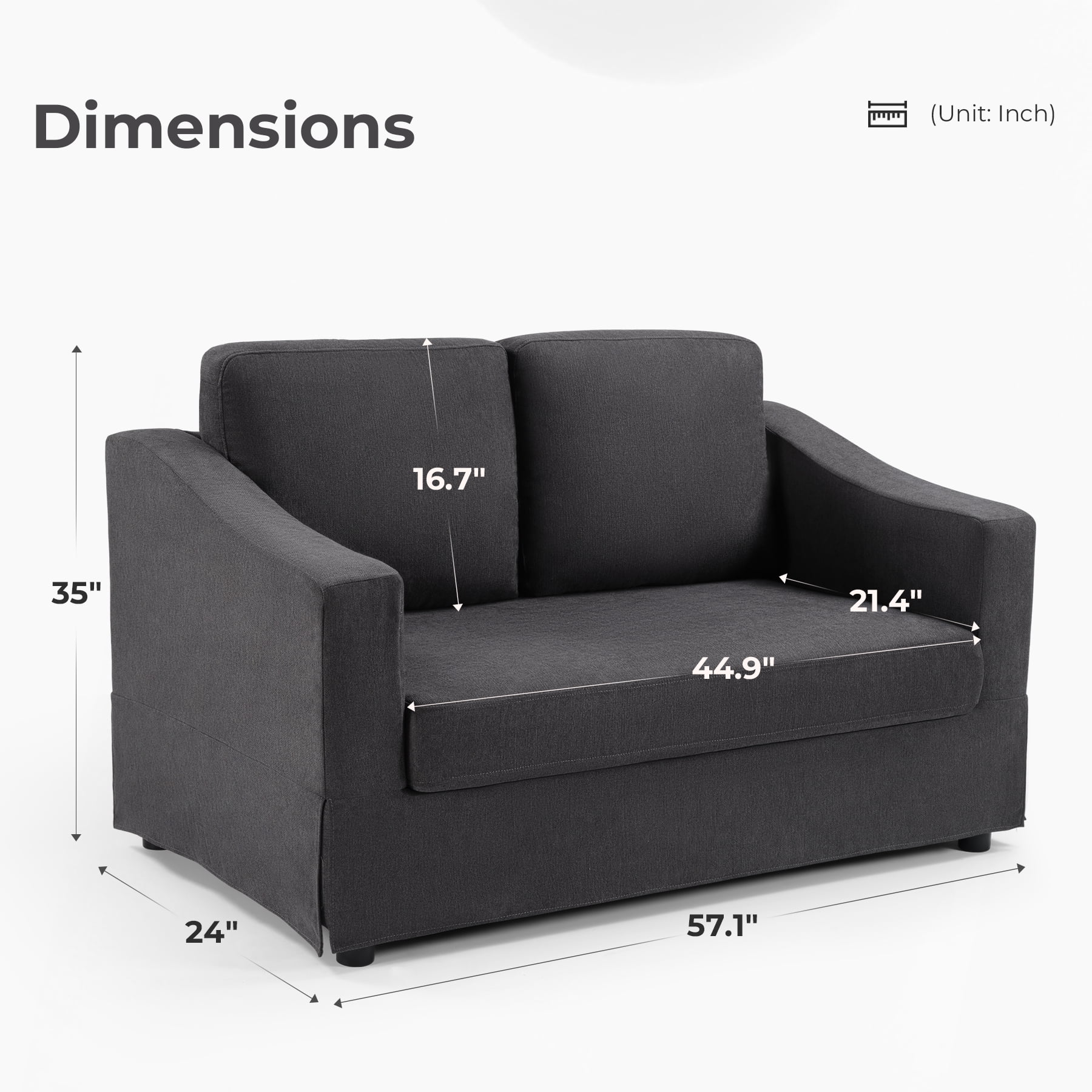 Ebello 2-Seater Loveseat Sofa, Thick Cushion Soft Fabric Upholstered Compact Couch for Living Room, Apartment, Office (Dark Gray)