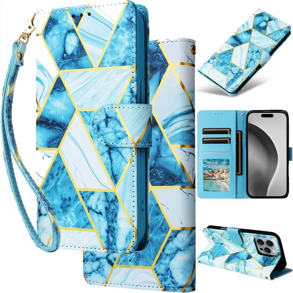 for iPhone 8/7/6/SE Leather Case Wallet Luxury Marble Pattern Gold Diamond Edge Folio Flip Cover Kickstand, ID Credit Card Holder Cash Slot, Magnetic Clasp, Hand Wrist Strap