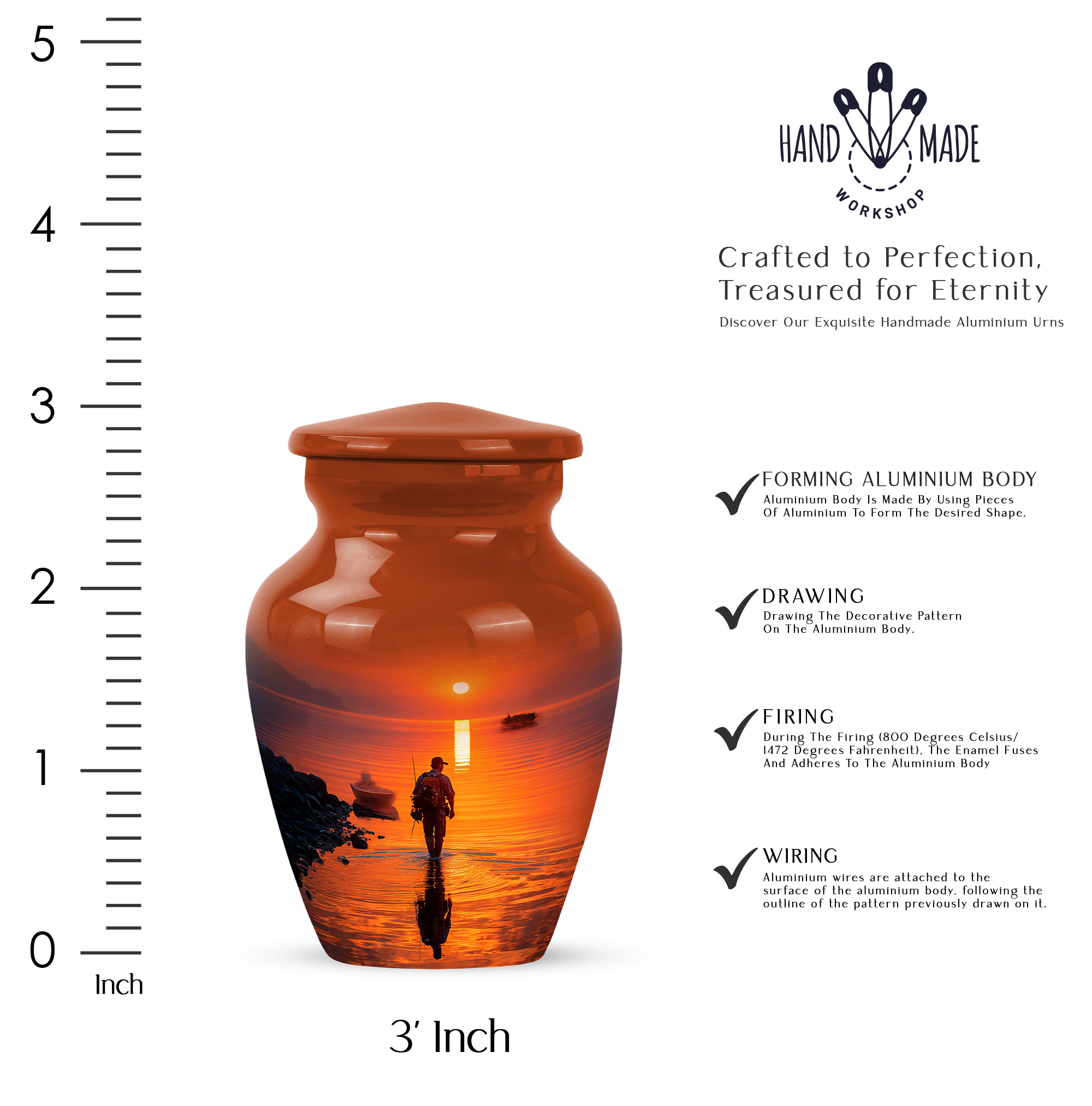 Fishing Man Small Keepsake Urn For Ashes Adult Male And Female - Brown Cremation Urns For Human Ashes For Husband And Wife - Sunset Memorial Mini Urn For Daughter And Son 3 Inch