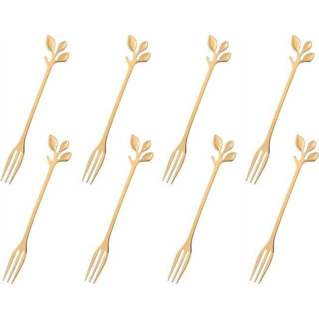 Juego de 8 tenedores de acero inoxidable dorados para postre y fruta (12,3 cm), cubiertos, artículos para fiestas, cuchara mezcladora profesional, minitenedor para ensalada, aperitivo, pastel