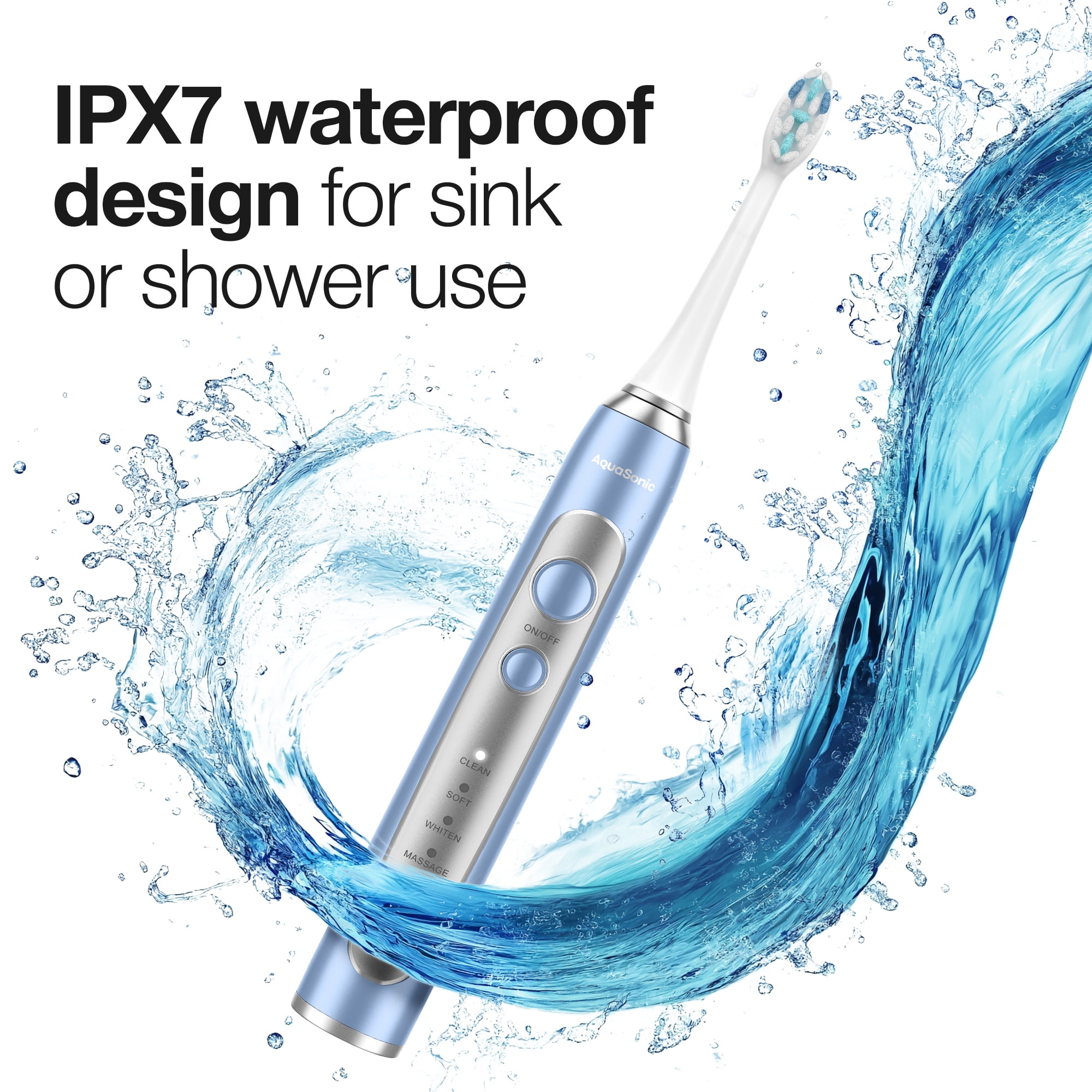 AquaSonic Precision Rechargeable Electric Toothbrush, 5 Modes, 30-Day Battery, Travel Case + 4 ProFlex Brush Heads - Blue
