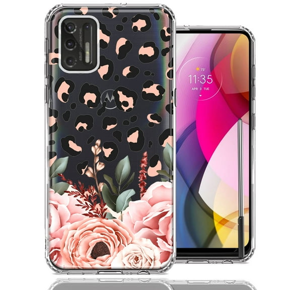 MUNDAZE Case For Motorola Moto G Stylus 2021 Classy Blush Peach Peony Rose Flowers Leopard Phone Cover