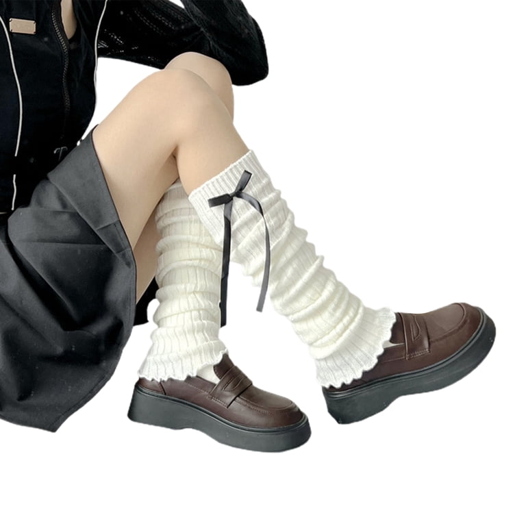 Japanese Style Leg Warmers For Women & Girls - 80s Knitted Crochet Boot Socks, White, One Size