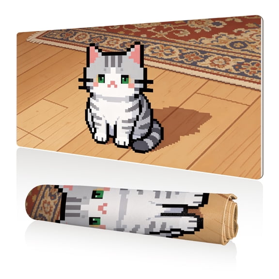 LIVEKEY XXL Mouse Pad Pixel Gray Cat Wooden Floor 80x40cm Non Slip Durable Easy Clean Stitched Edges Full Desk Coverage for Gaming Office Use