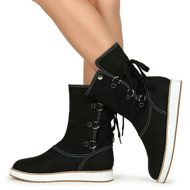 Coofit Bottes d'Hiver pour Femmes Mode - Bottes de Neige Décoratives à Bride en Toile Bottillons Mi-Mollet